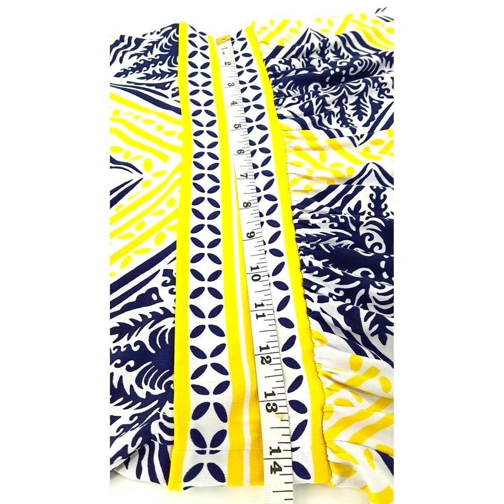 Coastal Mediterranean Halter Sheath Dress Blue Yellow Tile Print Preppy Resort 6 - Picture 9 of 11